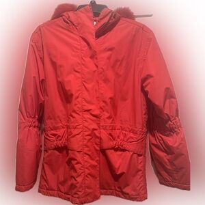 Moncler red nylon and fox fur ski parka anorak coat 1 (S)